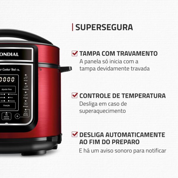 Panela de Pressão Elétrica Digital 5L, Mondial, Vermelho/Inox, 900W, 220V - PE-39 - Image 4