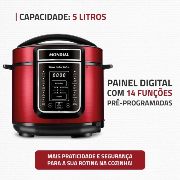 Panela de Pressão Elétrica Digital 5L, Mondial, Vermelho/Inox, 900W, 220V - PE-39 - Image 2