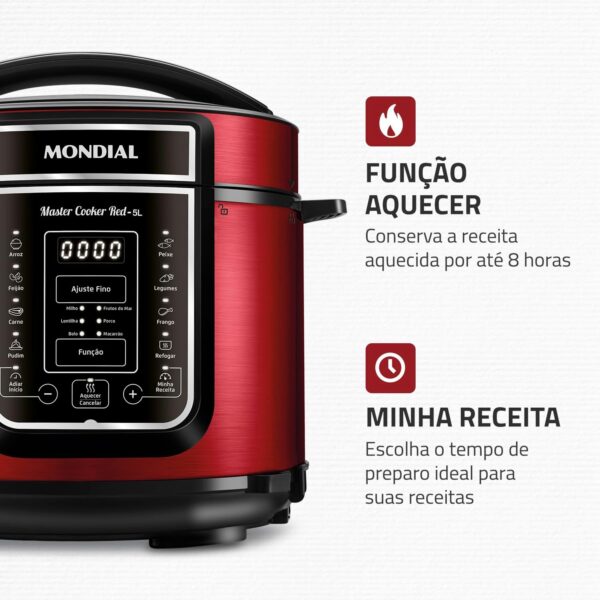 Panela de Pressão Elétrica Digital 5L, Mondial, Vermelho/Inox, 900W, 220V - PE-39 - Image 6