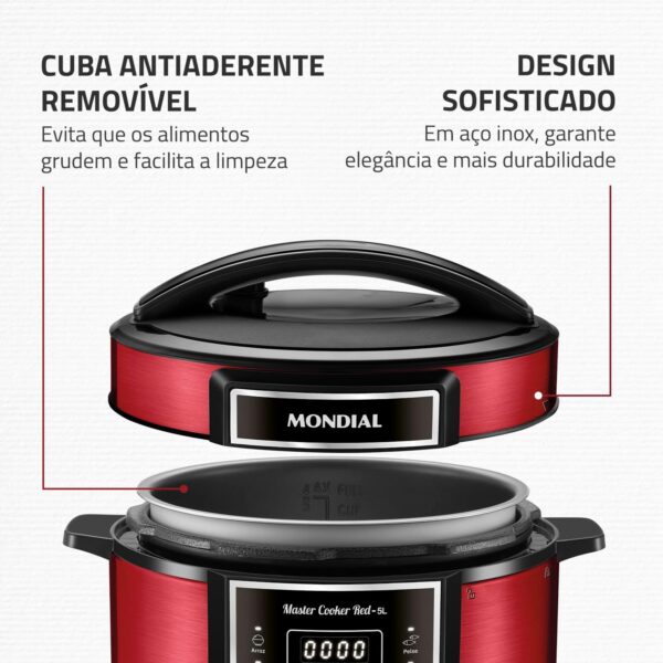 Panela de Pressão Elétrica Digital 5L, Mondial, Vermelho/Inox, 900W, 220V - PE-39 - Image 7