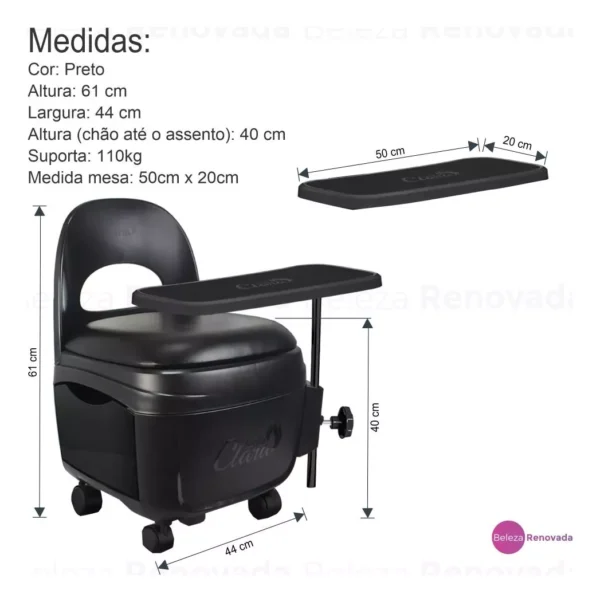 Cadeira Cirandinha Para Manicure Pedicure Preta Com Gaveta E Mesa Completa Carrinho Ciranda Com Rodinhas - Santa Clara - Image 2