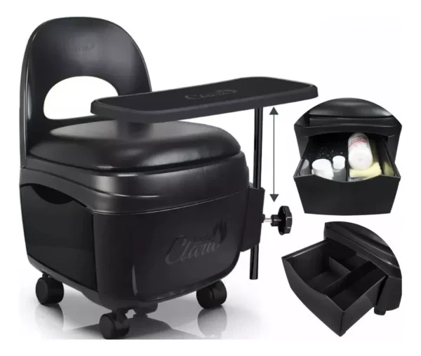 Cadeira Cirandinha Para Manicure Pedicure Preta Com Gaveta E Mesa Completa Carrinho Ciranda Com Rodinhas - Santa Clara