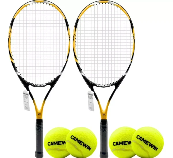 Kit 2 Raquete Tênis Quadra 2 Capas Protetora 4 Bolas Amarelo