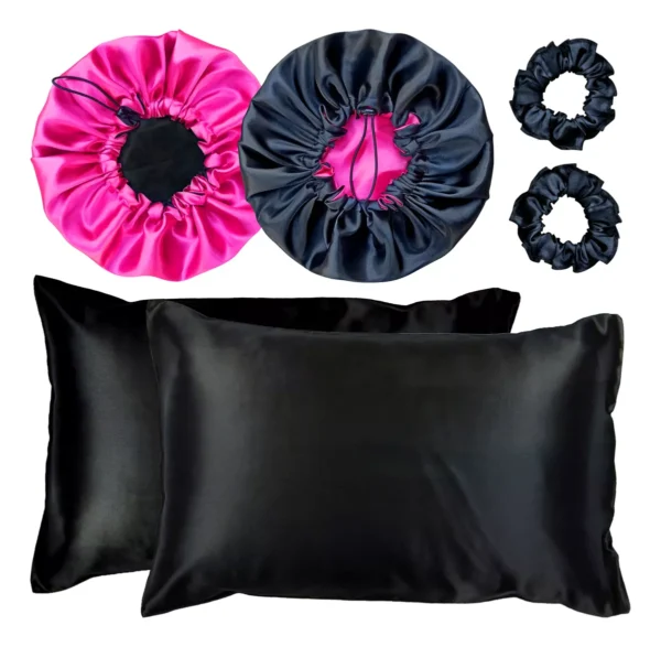 Kit 2 Fronha De Cetim Seda + 2 Toucas + 2 Xuxinhas De Brinde