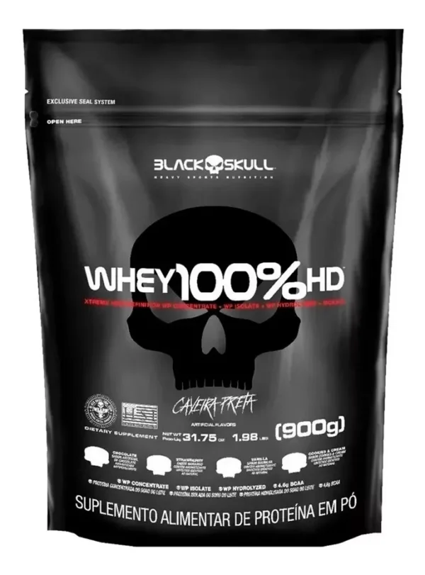 Suplemento em Pó 100% Hd Refil Black Skull - 900g Wpc Wpi E Wph Sabor Chocolate