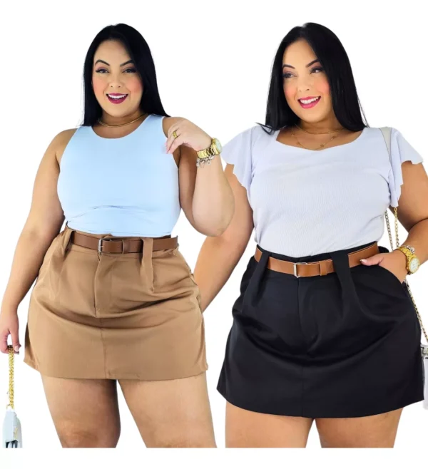 Kit 2 Short Saia Plus Size Alfaiataria Com Cinto Casual
