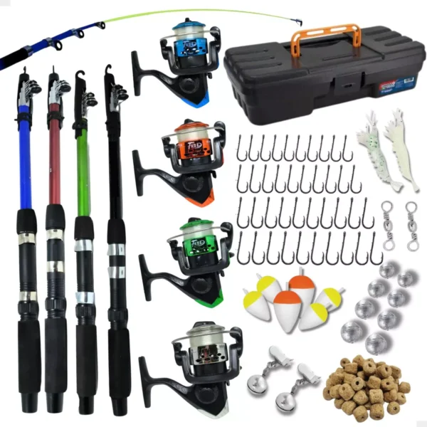 Kit Pesca Completo  4 Varas Com Molinetes + Acessórios